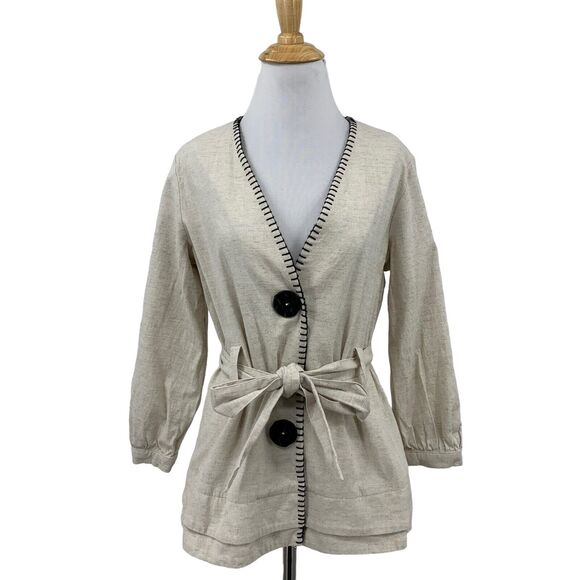 Soft Surroundings Jacket Womens XS Natural Maxime Stitched Linen Blend Belted - Picture 1 of 12